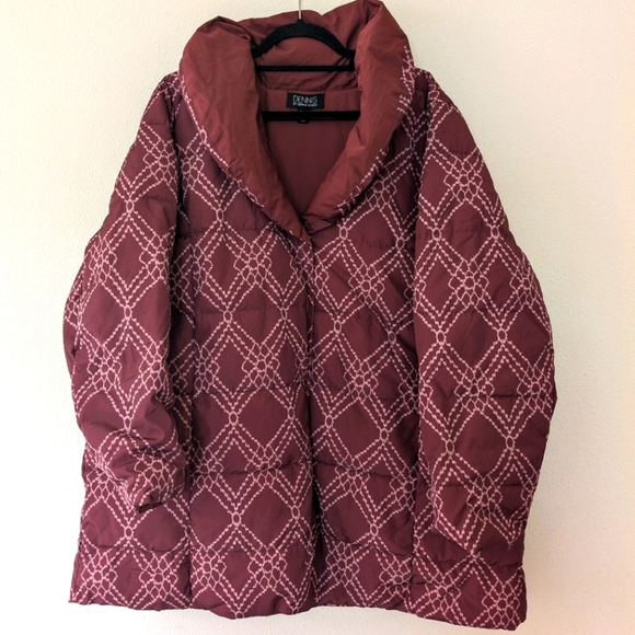 Dennis Basso Reversible Maroon Puffer Jacket Patterned Water Resistant Women 2X - Picture 1 of 12